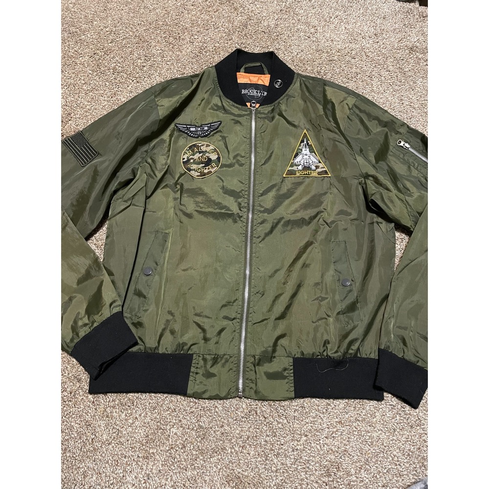 Brooklyn Standard Mens Olive Green Bomber Flight Jacket Patches Orange Lining S